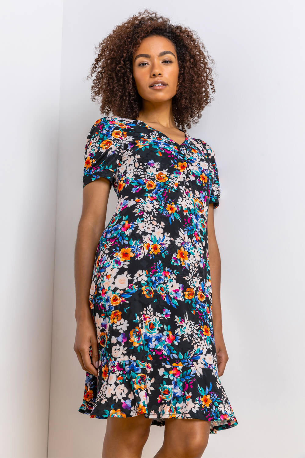Black Floral Print Frill Hem Tea Dress