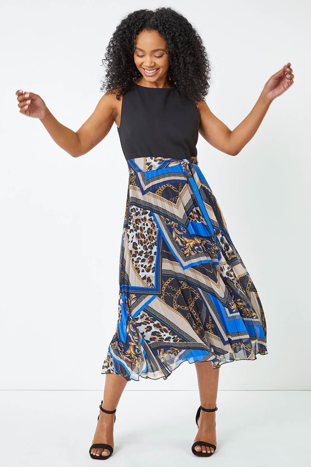 Black Petite Sleeveless Pleated Chiffon Midi Dress