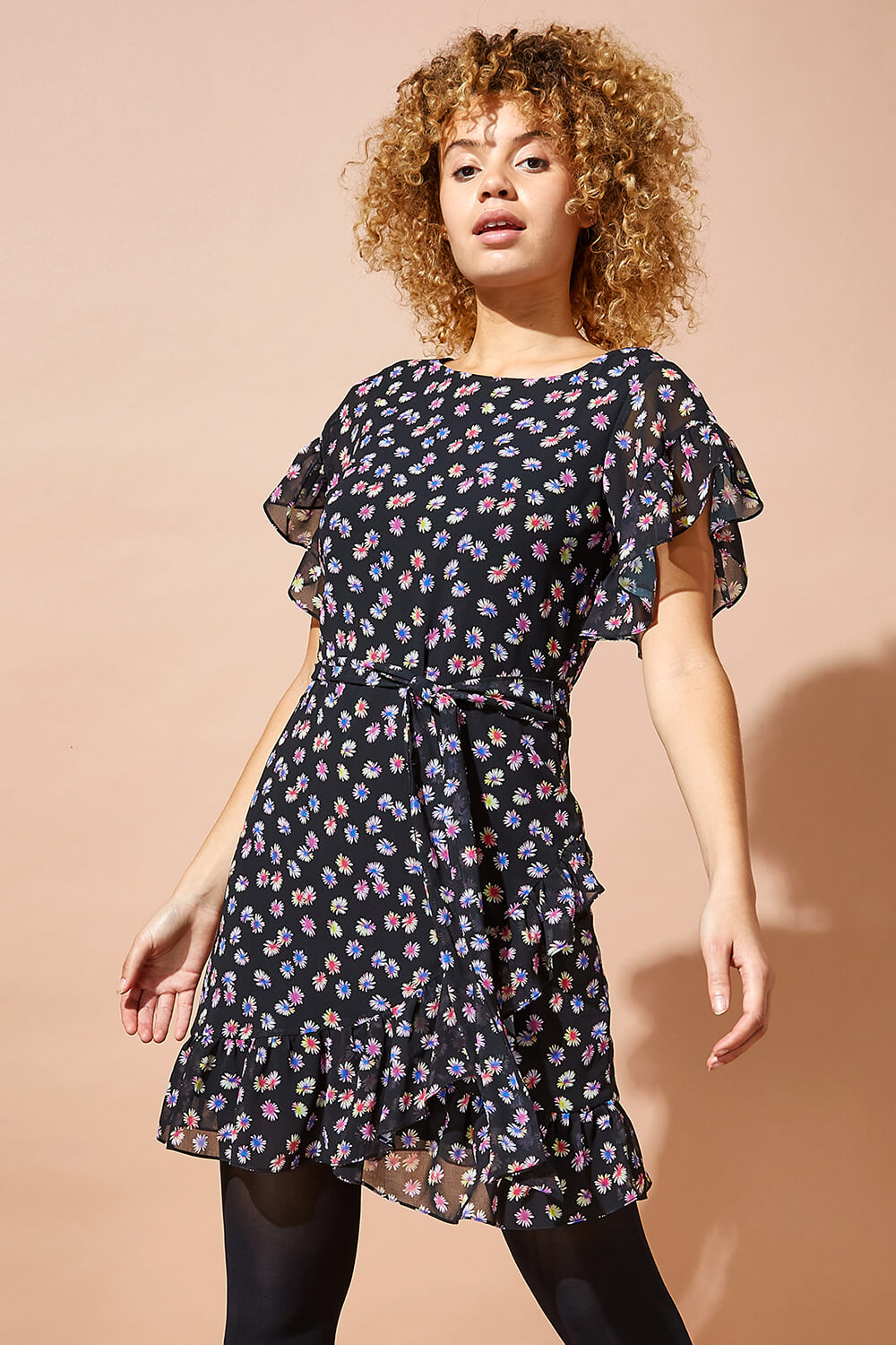 Black Floral Print Frill Hem Dress