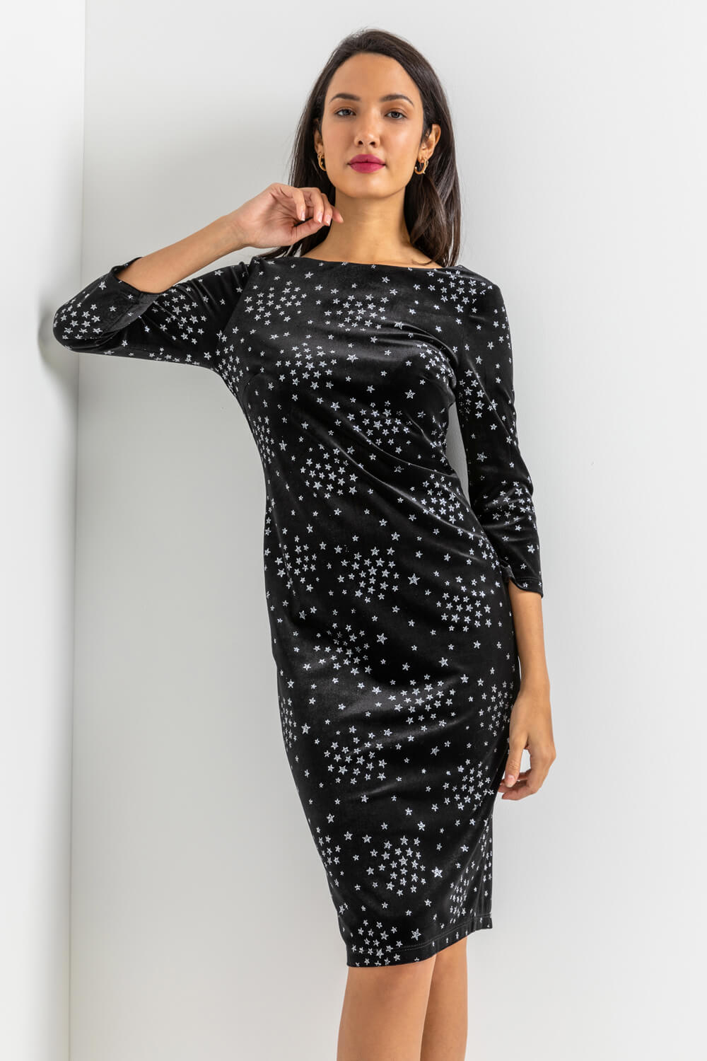 Black Glitter Star Print Velvet Shift Dress