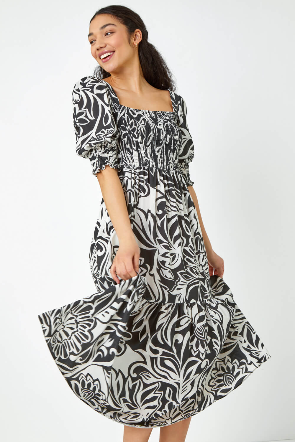 Black Floral Contrast Print Midi Dress