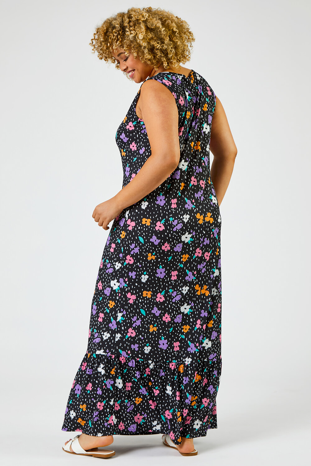 Black Curve Floral Spot Print Tiered Maxi Dress