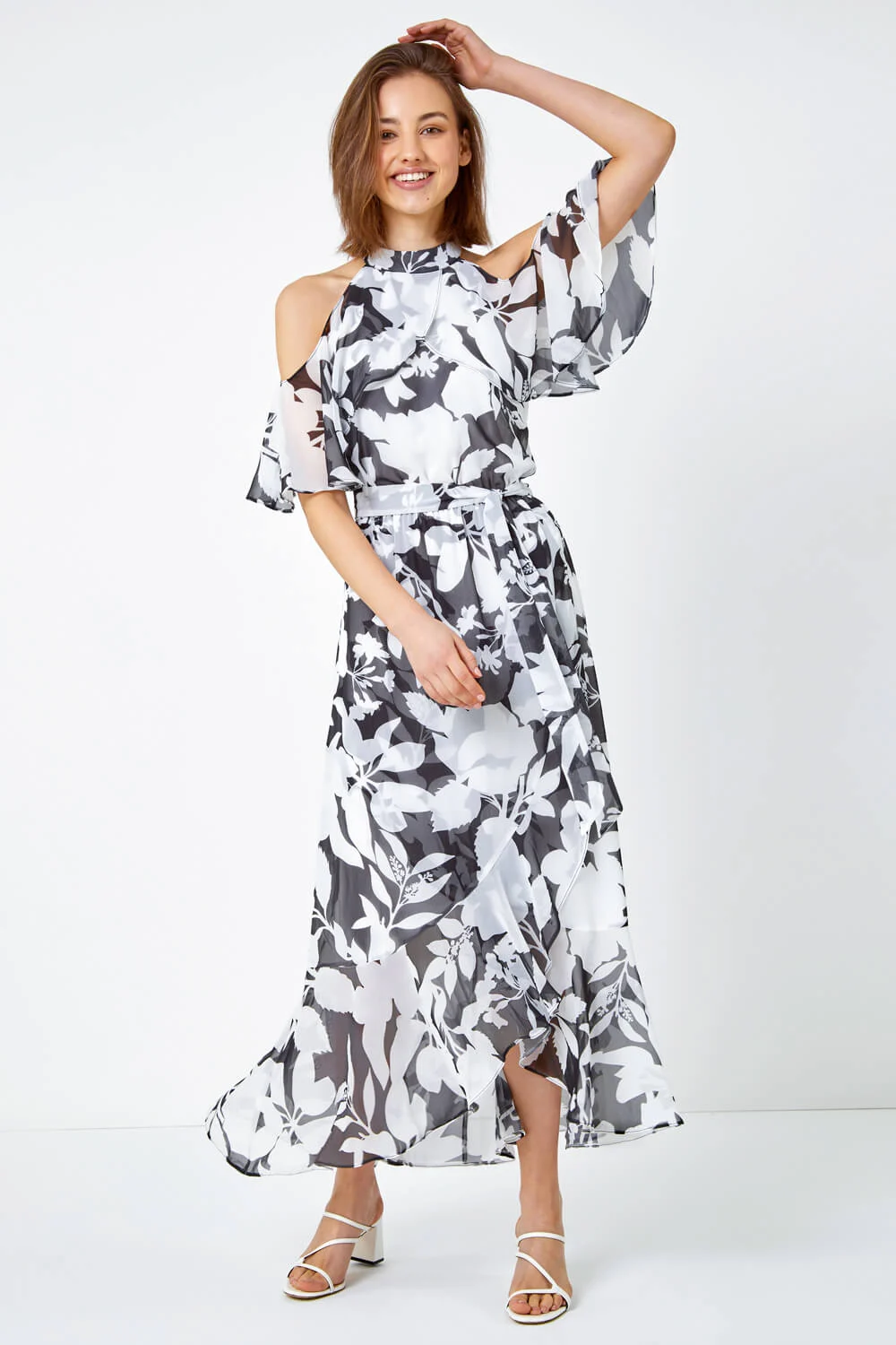 Black Floral Cold Shoulder Chiffon Maxi Dress