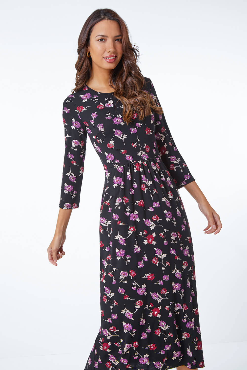 Black Floral Print Pocket Detail Midi Dress