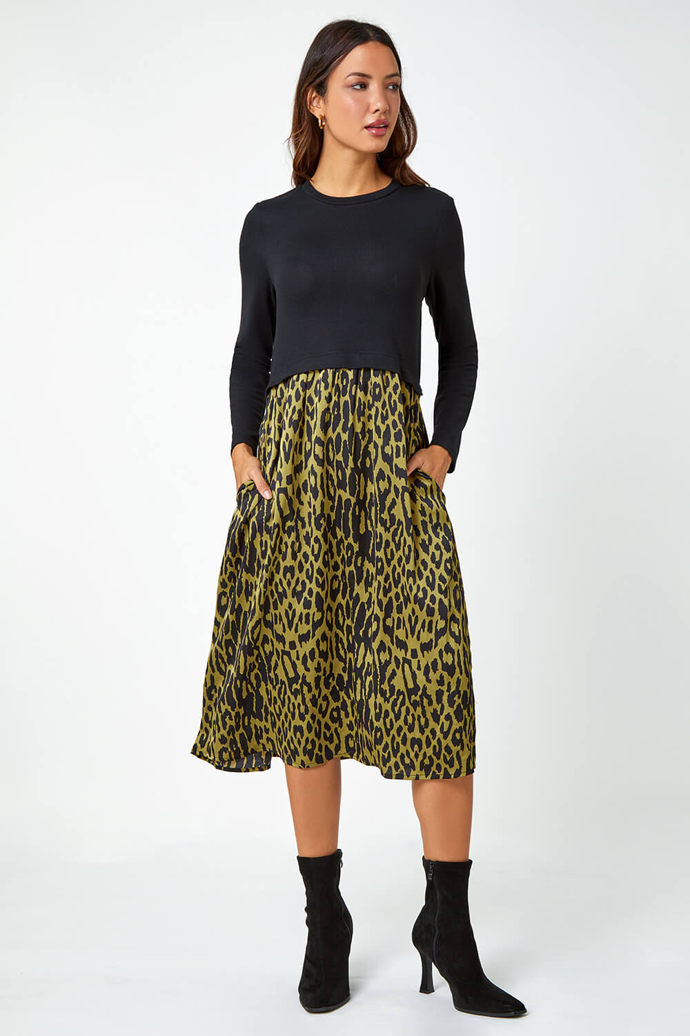 Black Contrast Leopard Print Pocket Knit Midi Dress