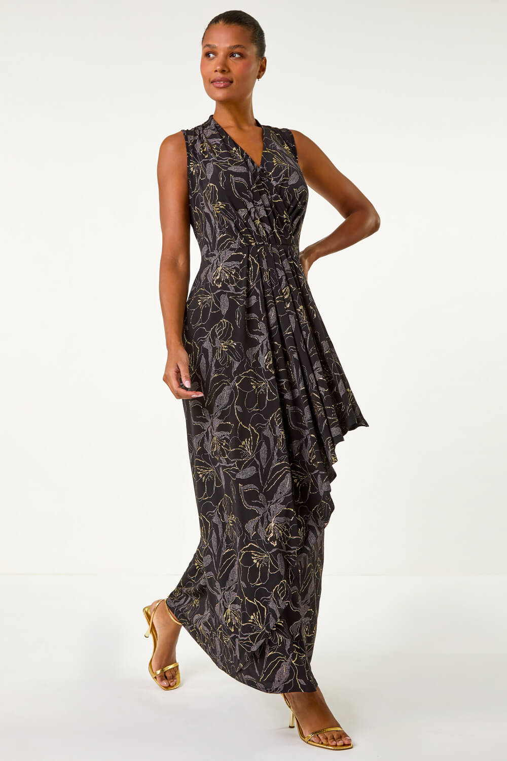 Black Glitter Floral Print Maxi Stretch Dress