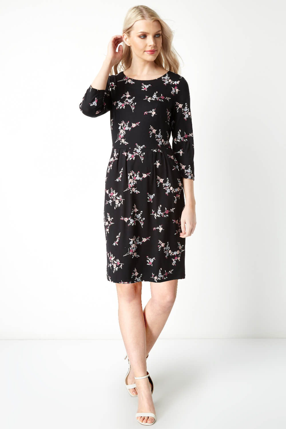 Black Floral Pleated Waist Dress