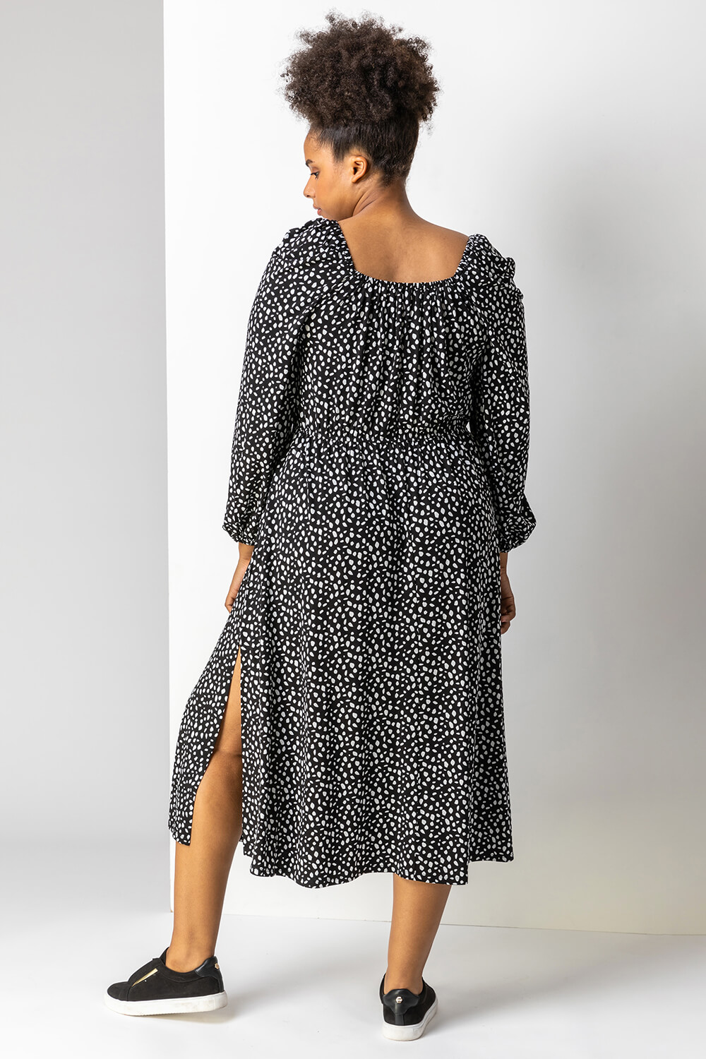 Black Curve Spot Print Midi Dress