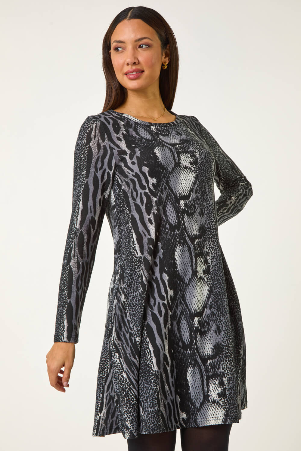 Black Animal Print Stretch Swing Dress