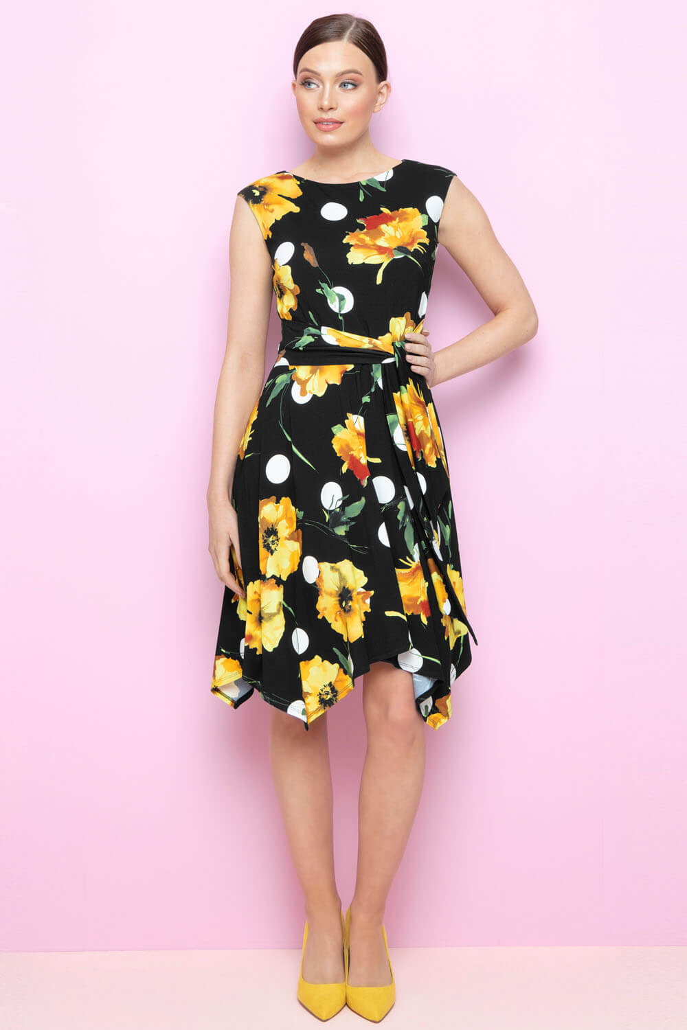 Black Floral Spot Hanky Hem Dress