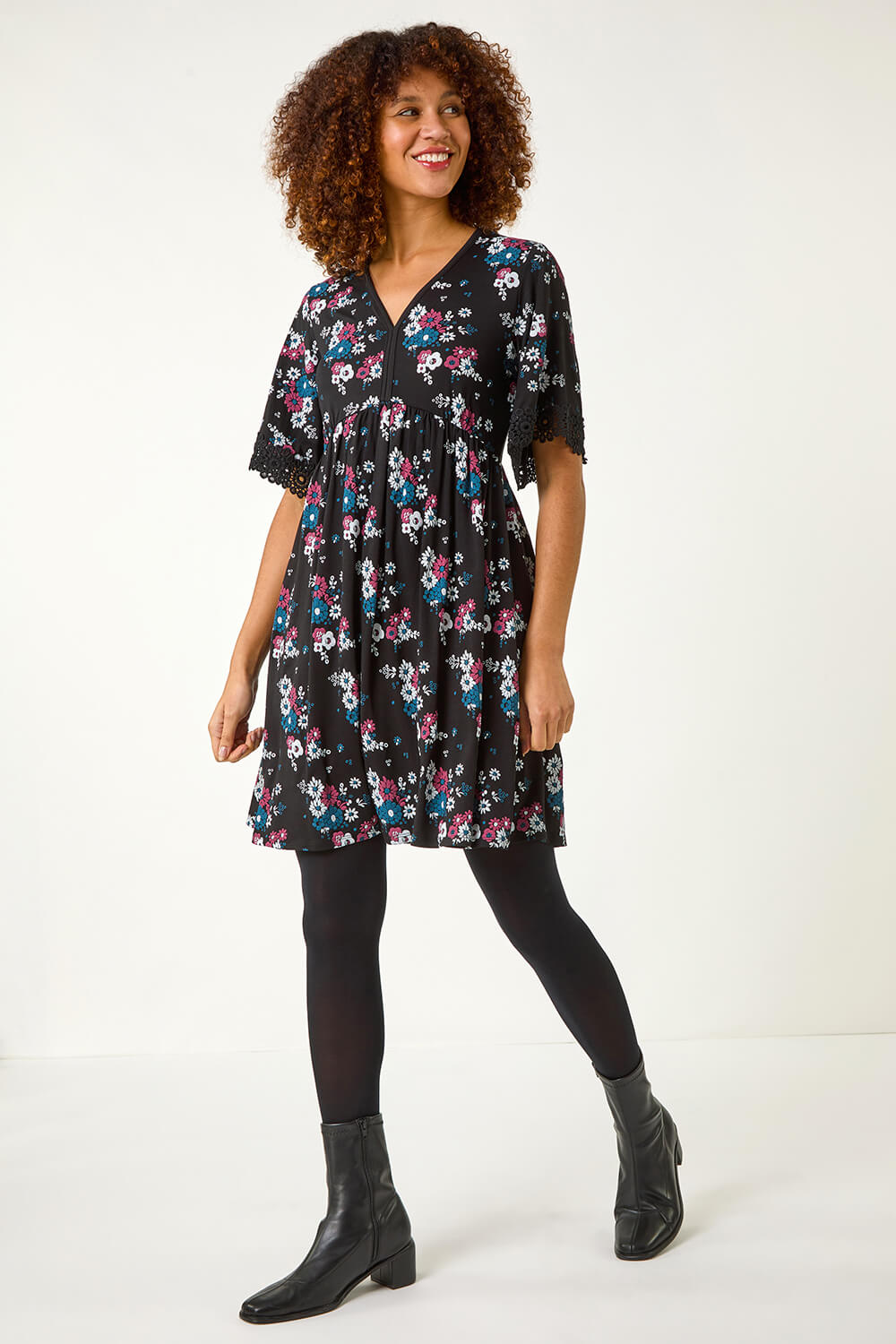 Black Lace Trim Floral Dress