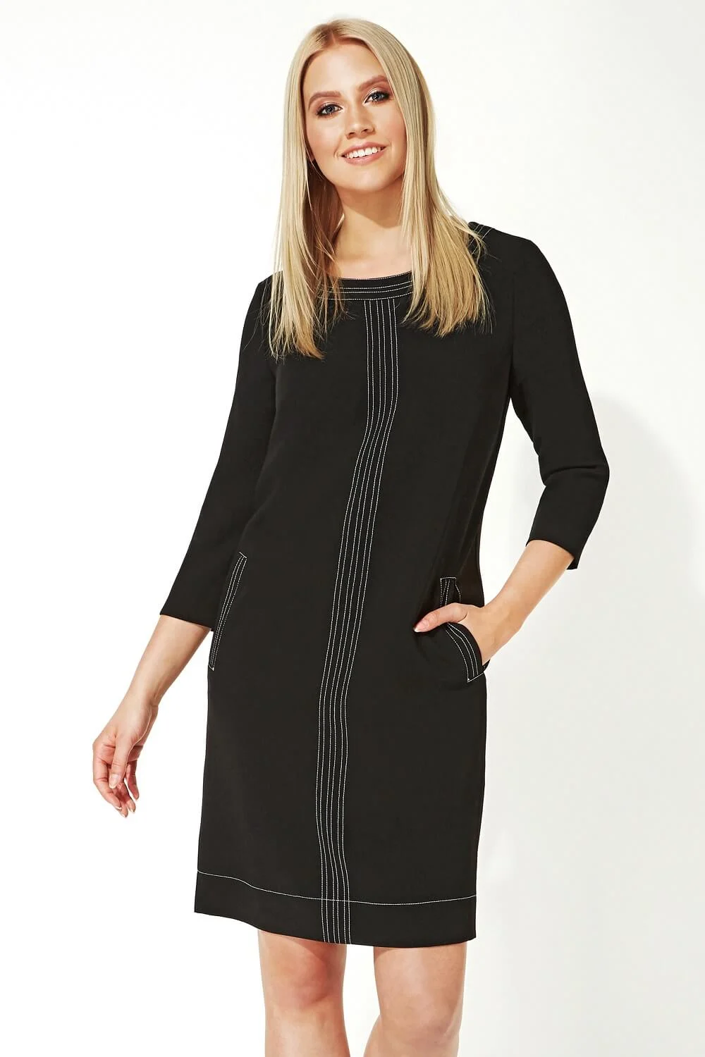 Black 3/4 Sleeve Top Stitch Shift Dress