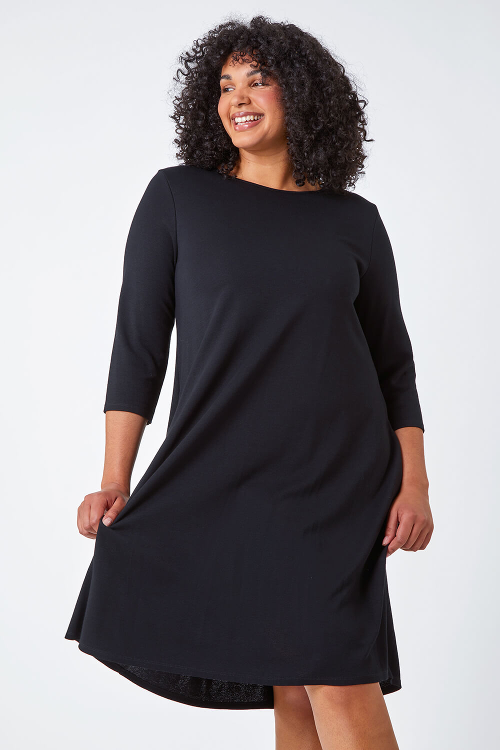 Black Curve Pocket Detail Swing Stretch Dress