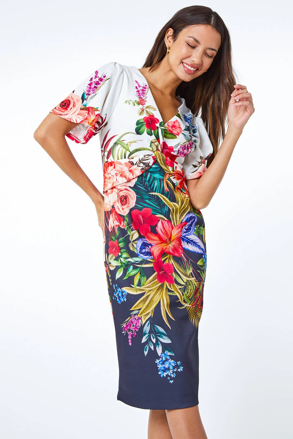 Black Floral Print Twist Premium Stretch Dress