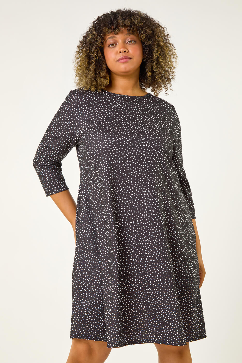 Black Curve Spot Print Stretch Swing Dress