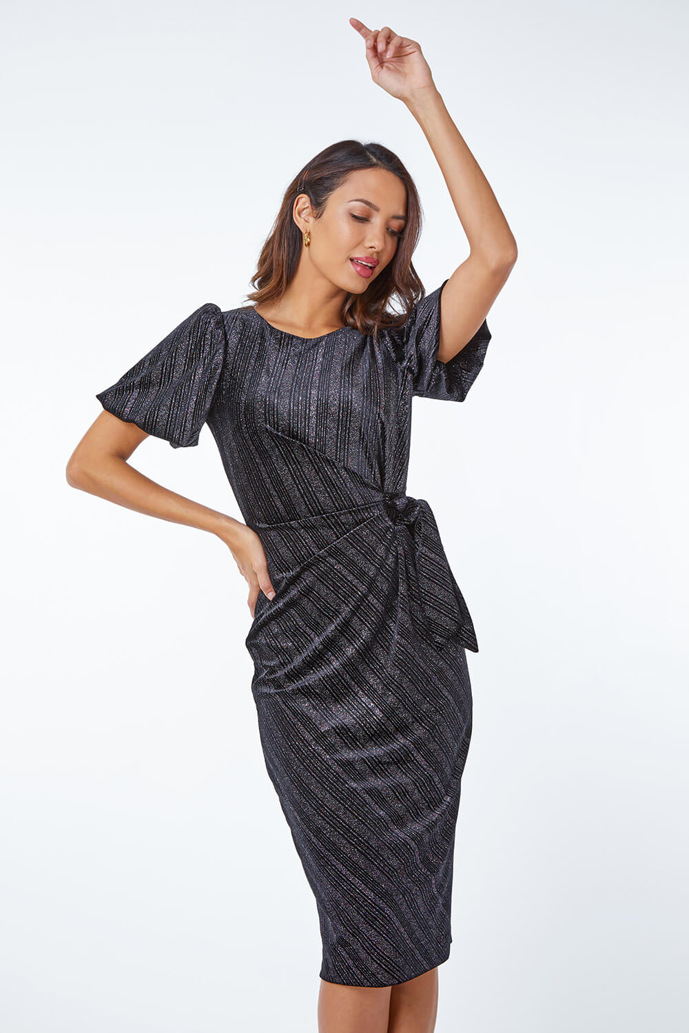 Black Glitter Velvet Puff Sleeve Ruched Midi Dress