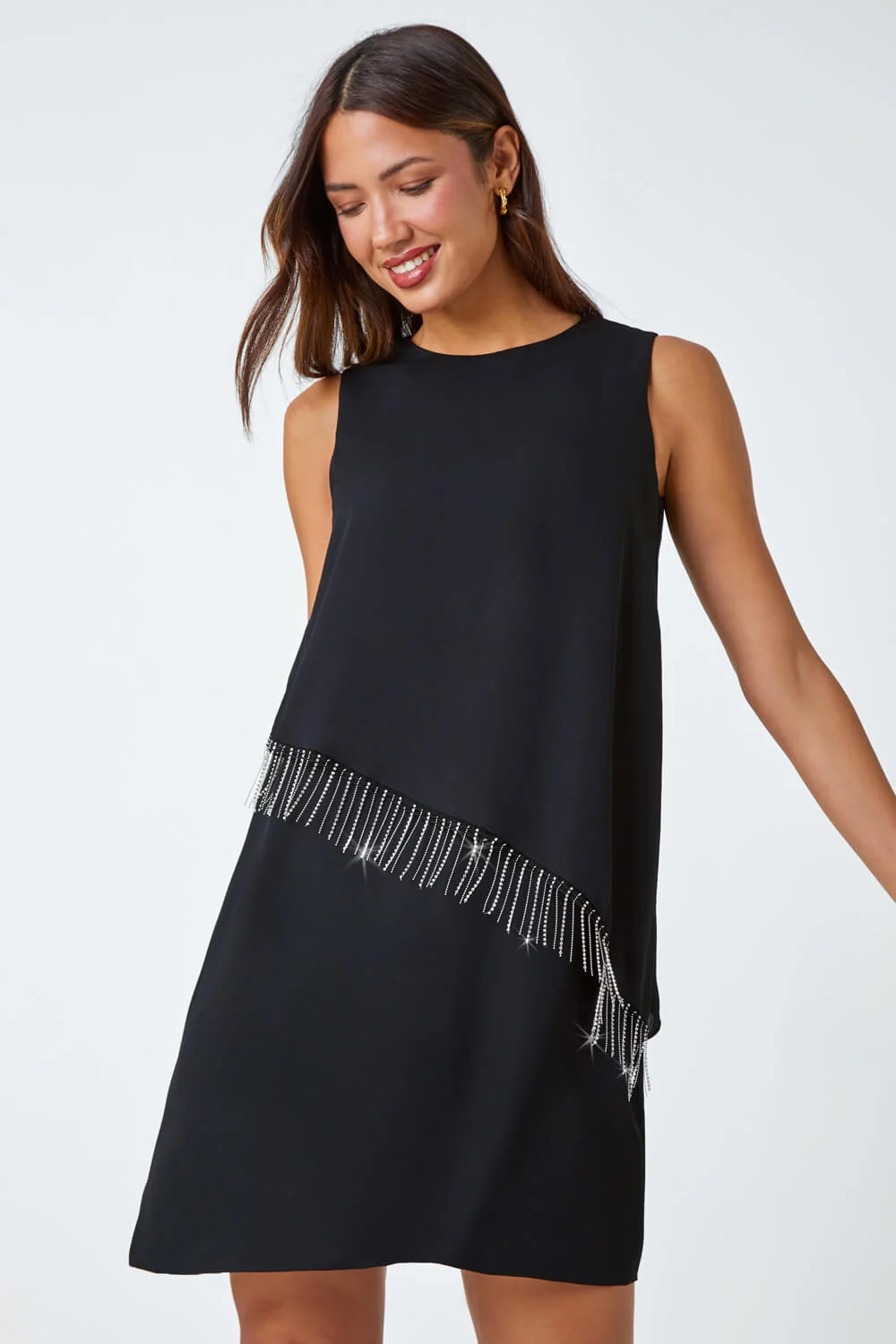 Black Diamante Trim Asymmetric Overlay Dress