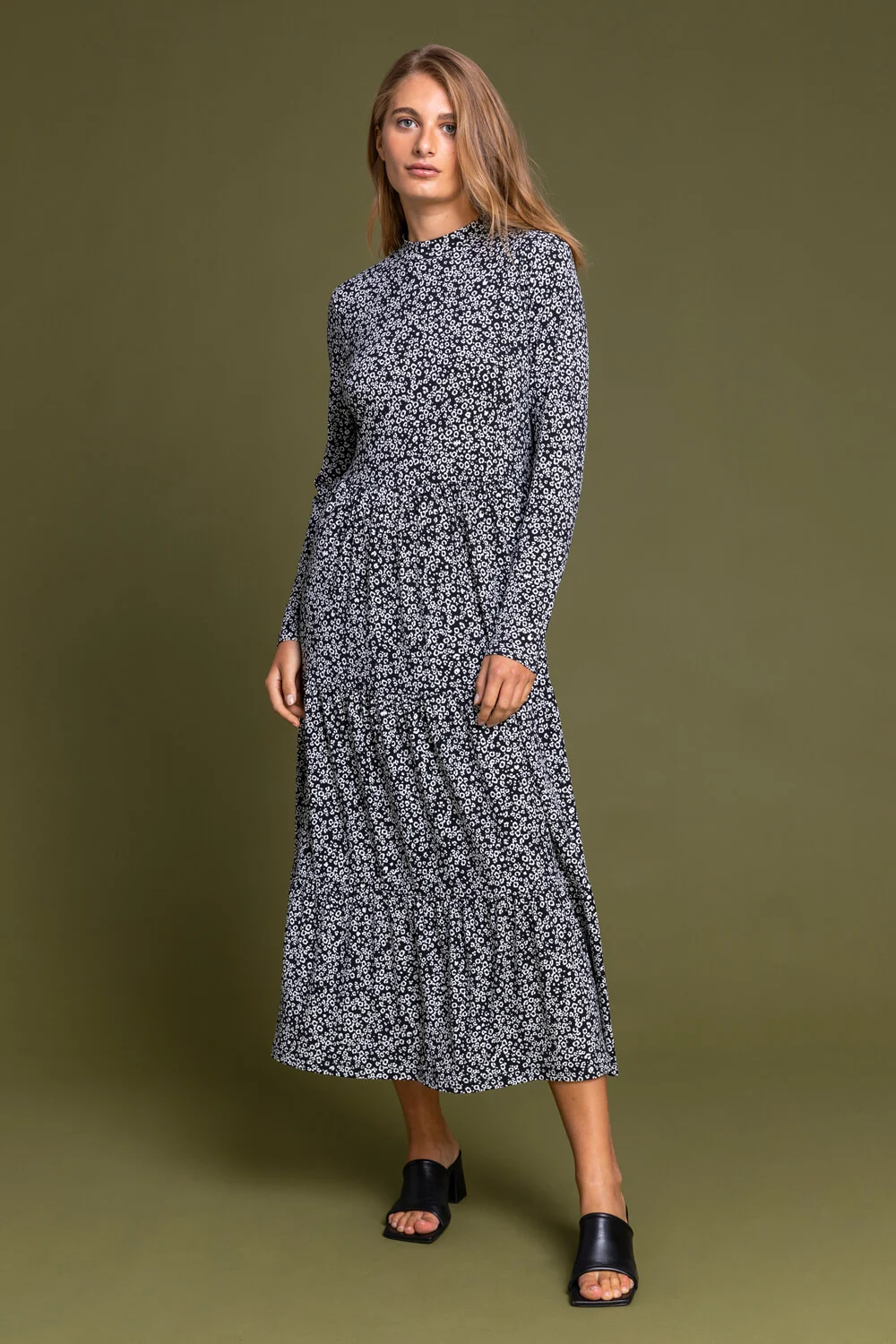Black Animal Ditsy Print Tiered Dress