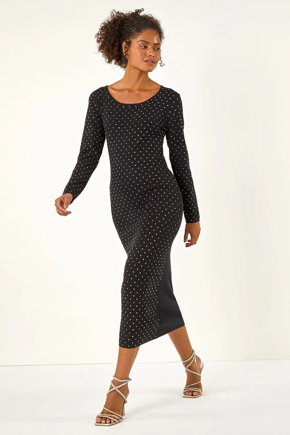 Black Dusk Hotfix Spot Print A-Line Midi Dress