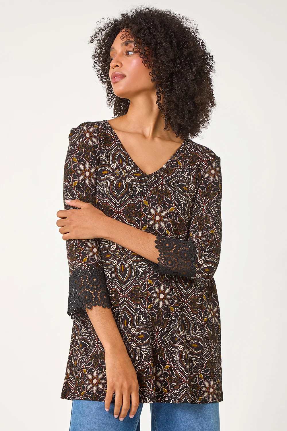 Black Abstract Print Lace Detail Tunic Top
