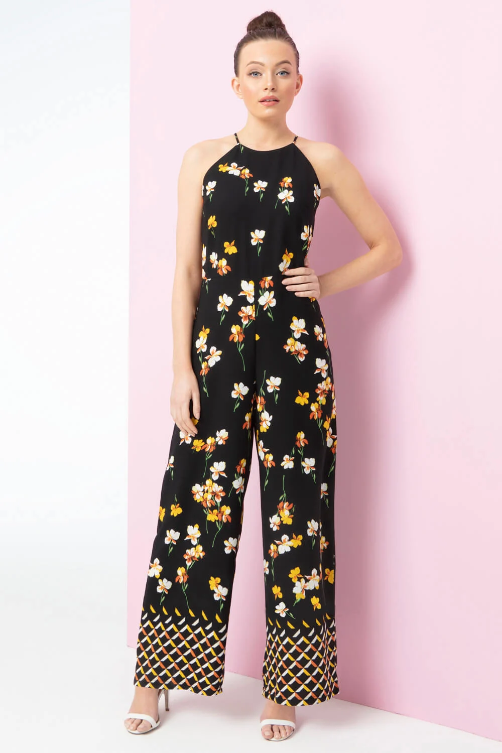 Black Floral Border Print Jumpsuit