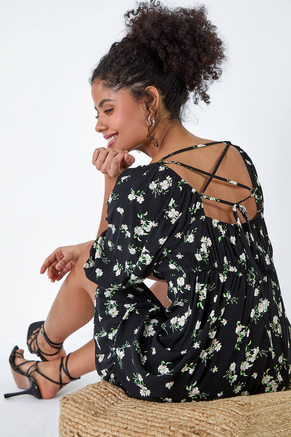 Black Floral Tie Back Frill Hem Dress