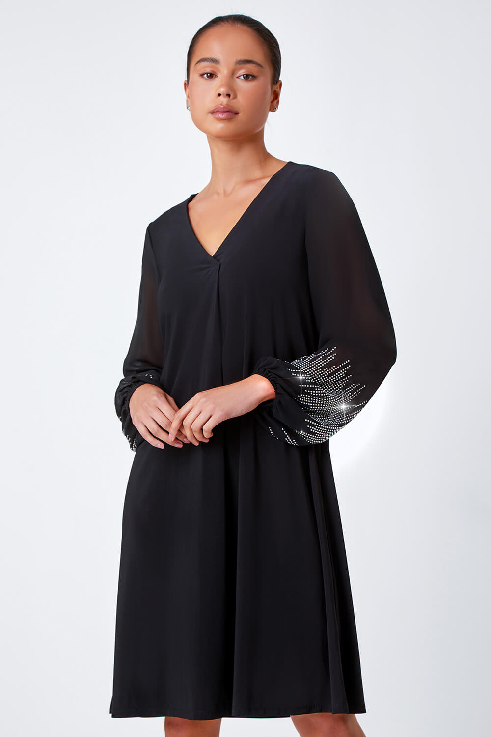 Black Petite Sparkle Sleeve Stretch Dress