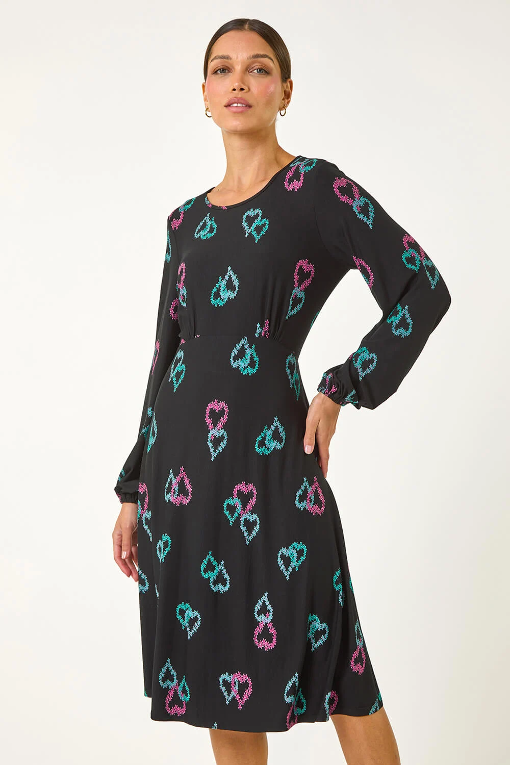 Black Heart Print Tea Stretch Midi Dress