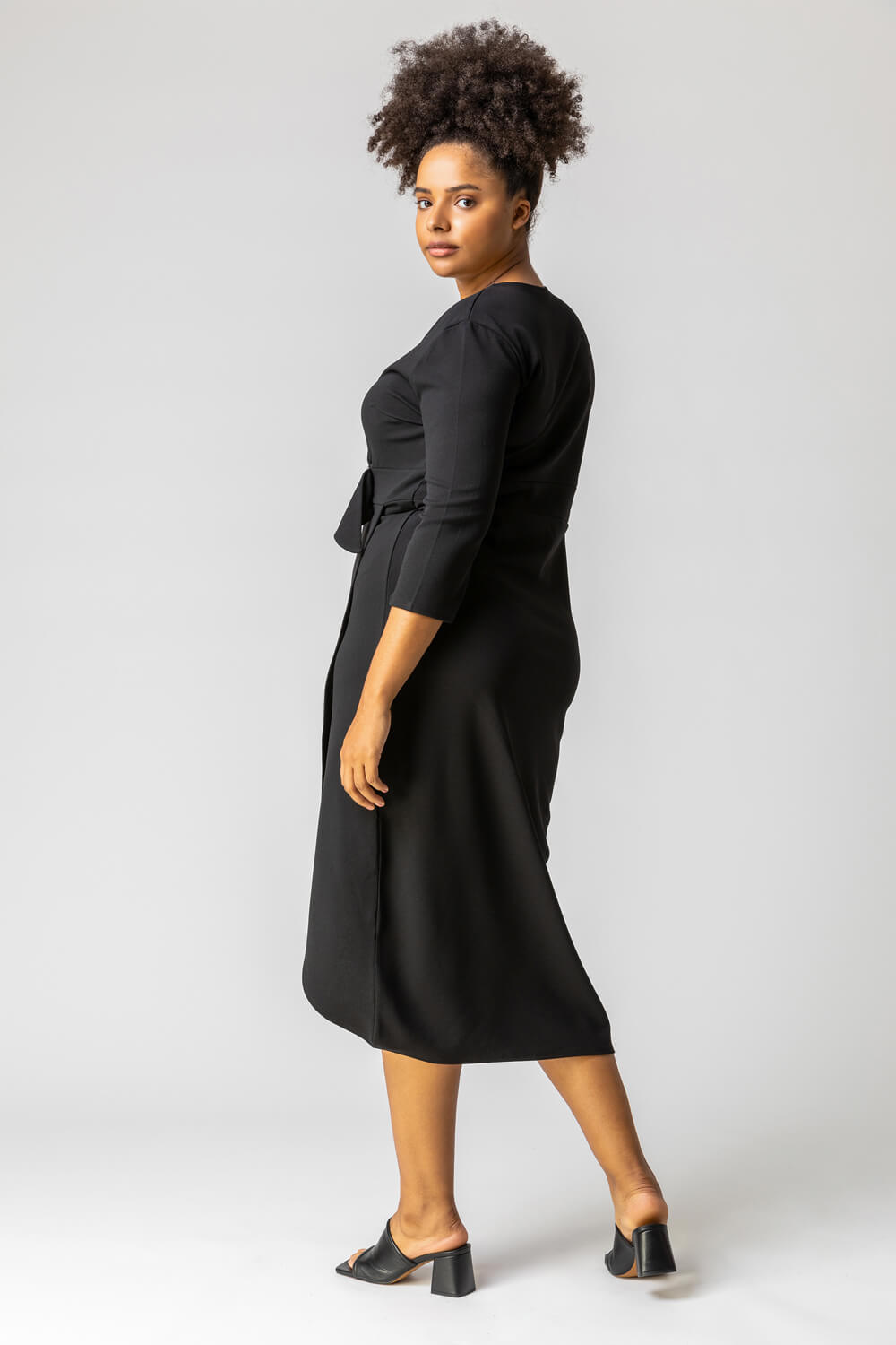 Black Curve Buckled Belt Ruched Wrap Dress