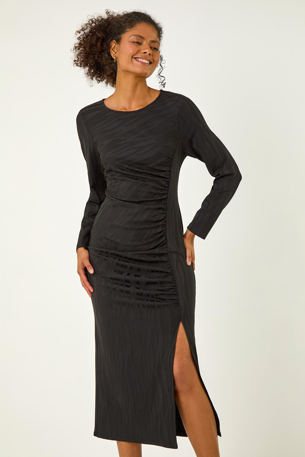 Black Dusk Textured Ruched Stretch Midi Dress