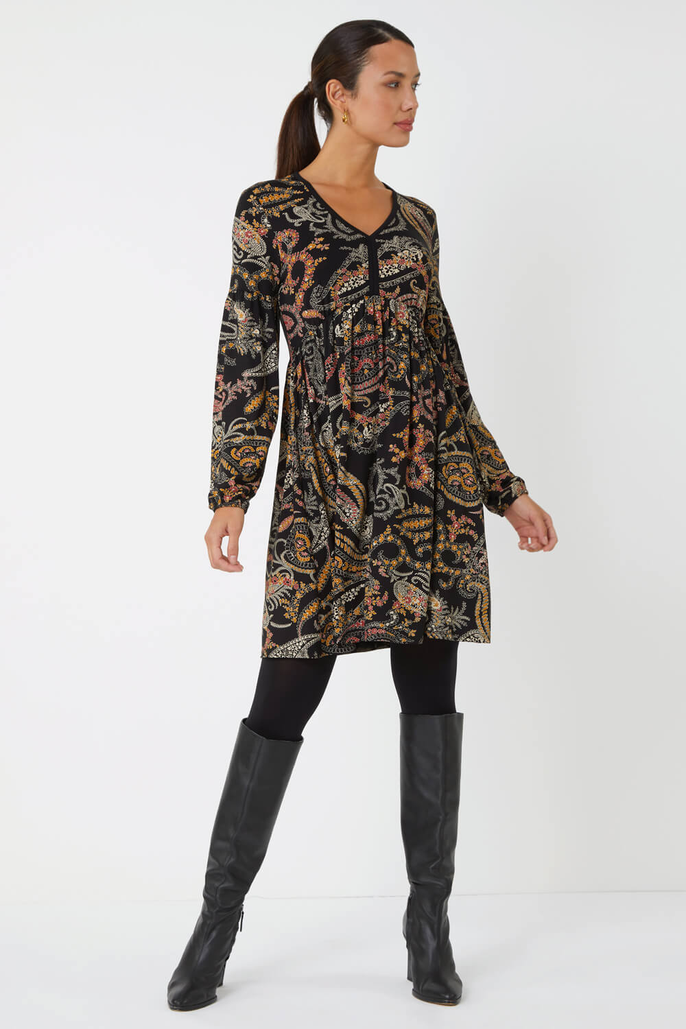 Black Paisley Print Stretch Dress