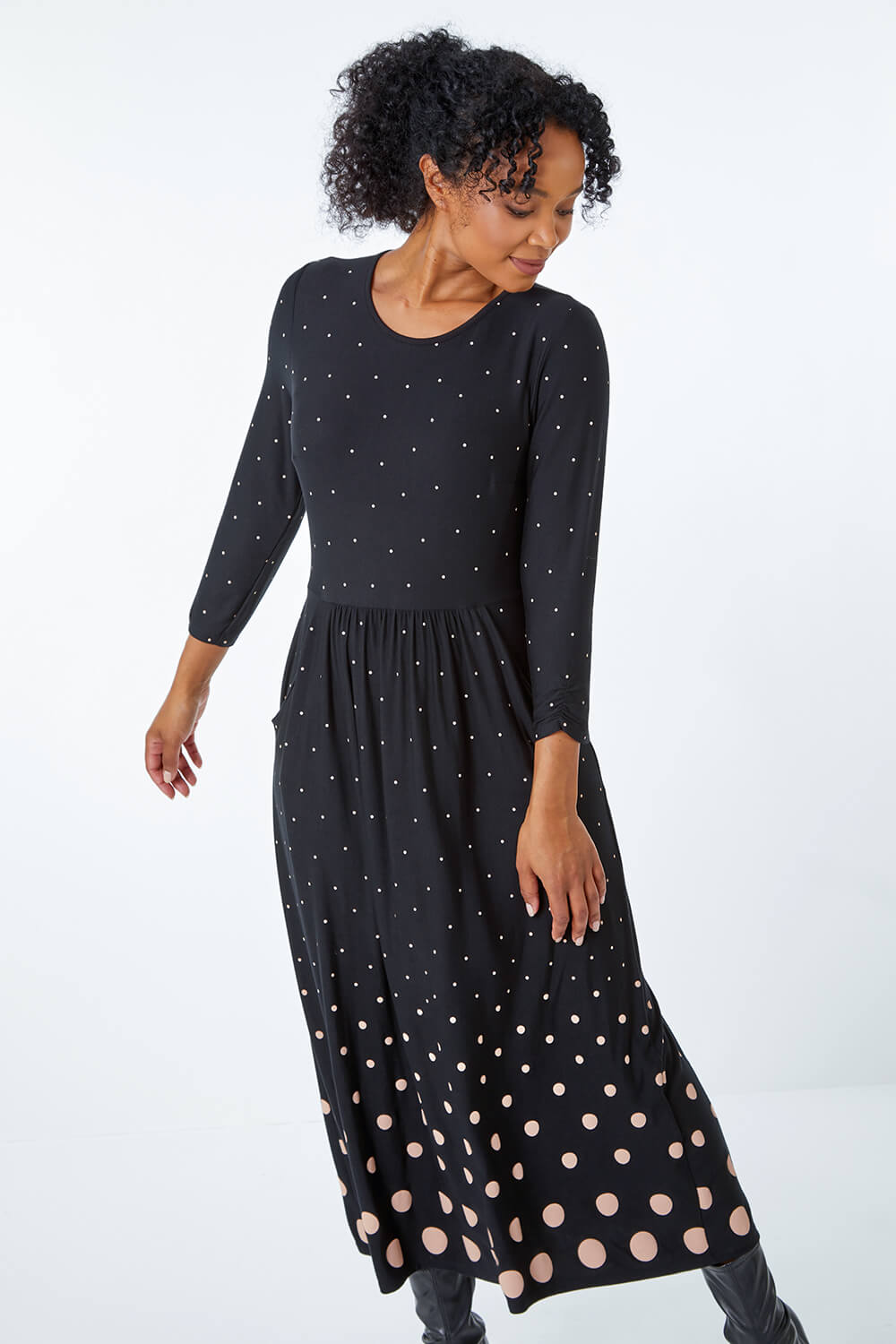 Black Petite Spot Stretch Midi Dress