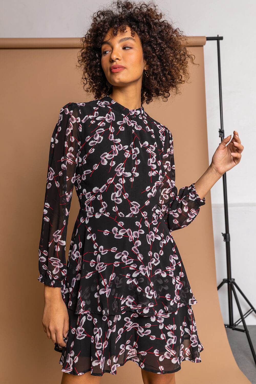 Black Floral Chiffon Tiered High Neck Dress