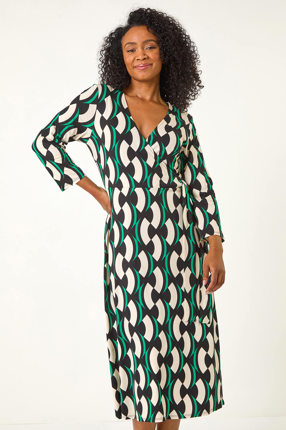 Black Petite Geometric Tie Waist Stretch Midi Dress