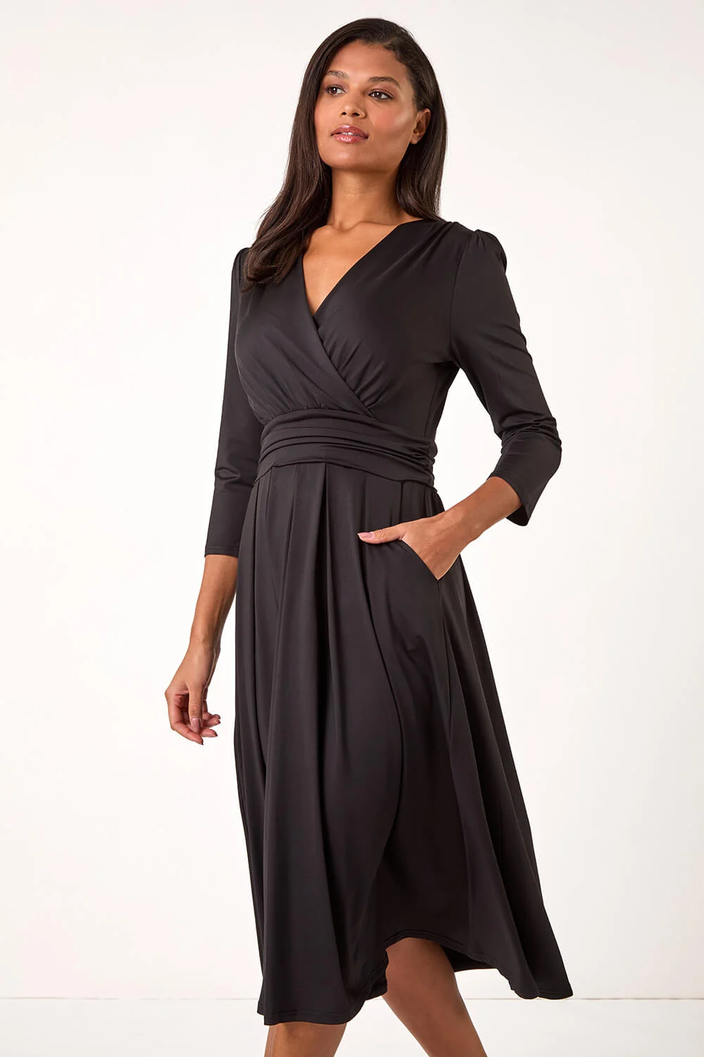 Black Mock Wrap V-Neck Stretch Midi Dress