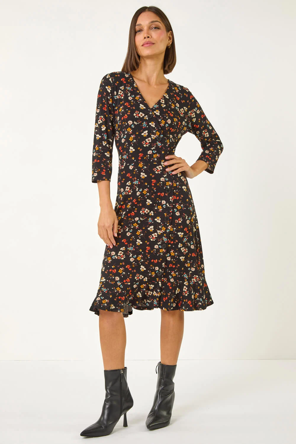 Black Ditsy Floral Frill Stretch Short Dress