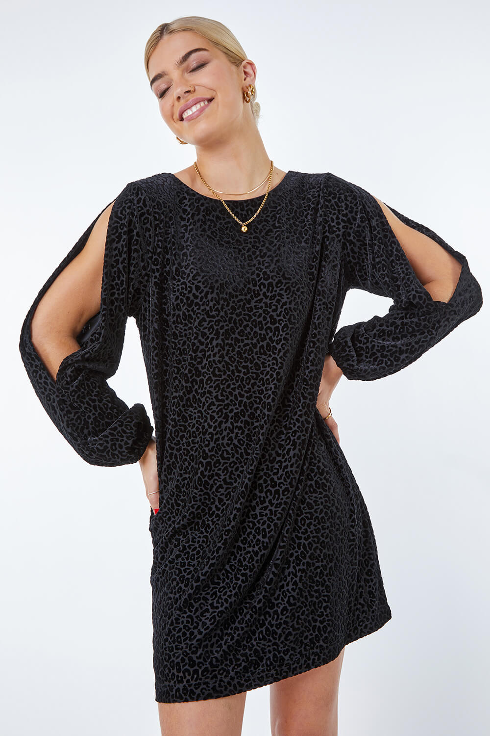 Black Leopard Print Burnout Split Sleeve Wrap Dress