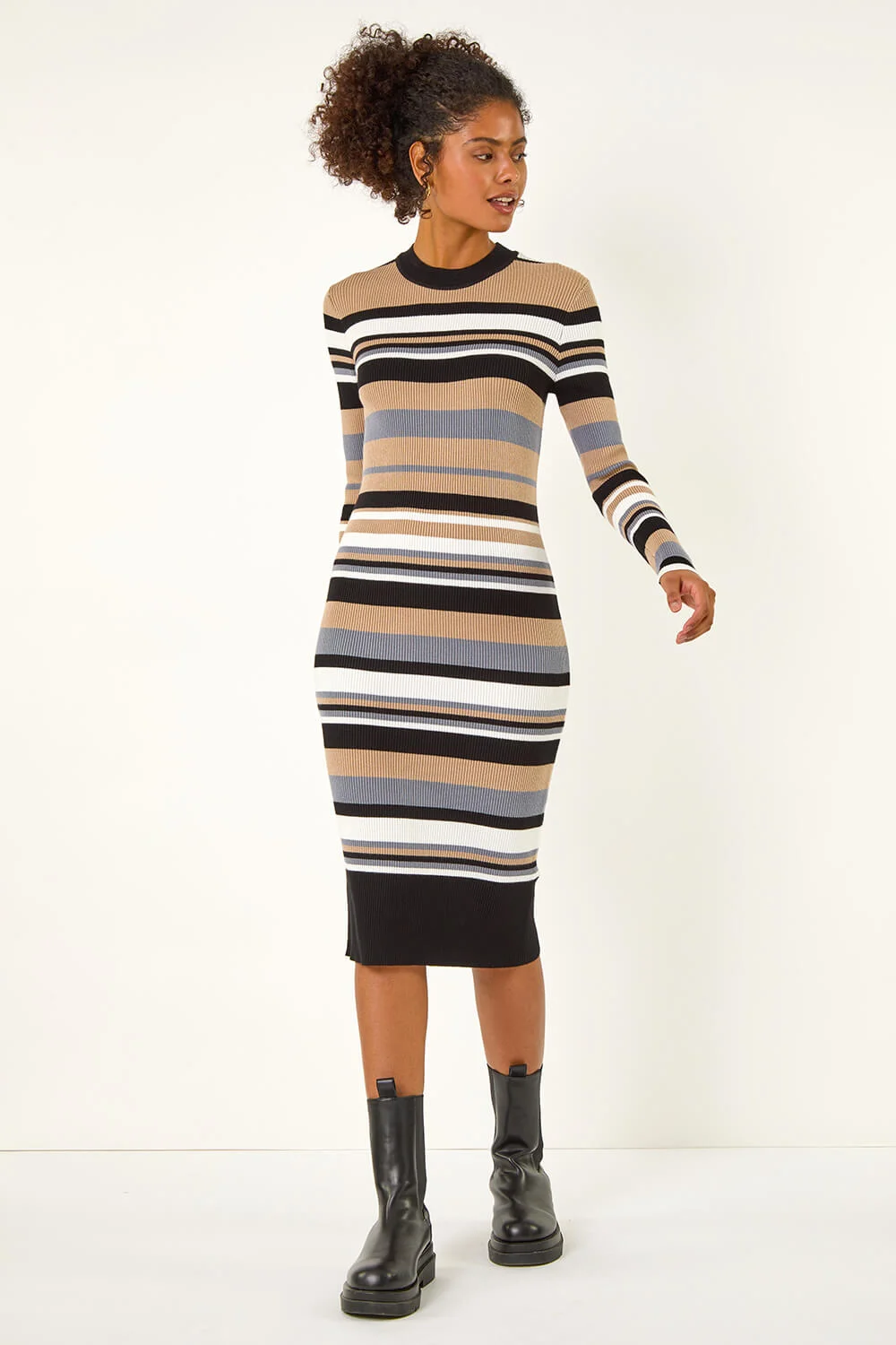 Beige Dusk Striped Knit Bodycon Midi Dress
