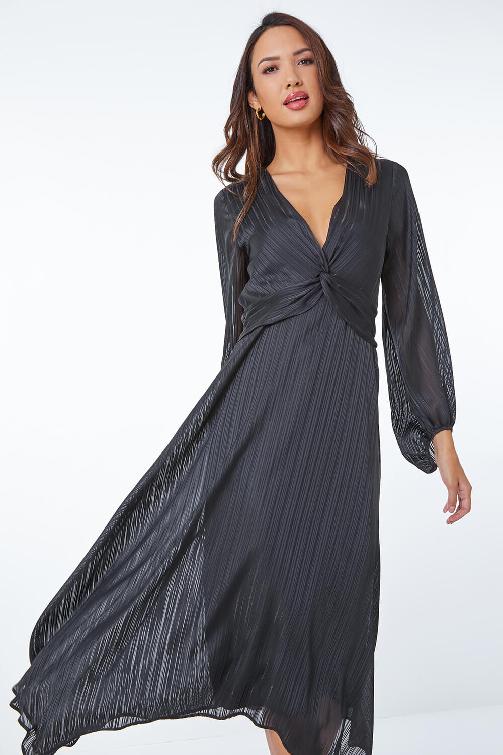 Black Metallic Stripe Chiffon Twist Front Midi Dress
