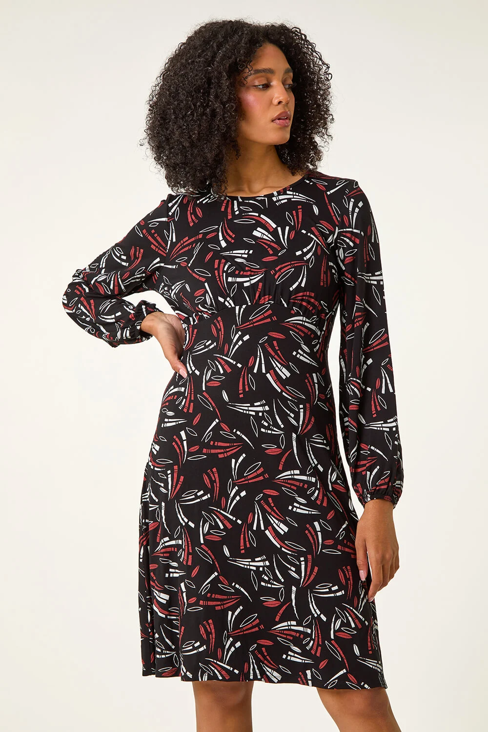 Black Abstract Print Gathered Stretch Dress