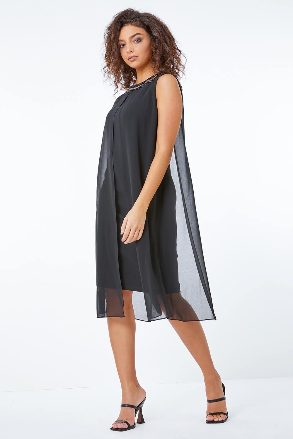 Black Petite Embellished Neck Chiffon Dress