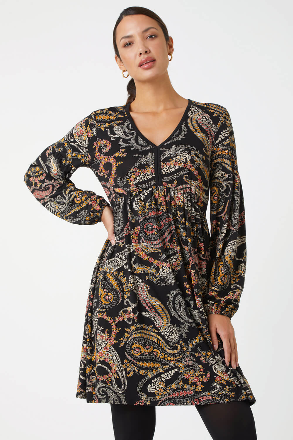 Black Paisley Print Stretch Dress