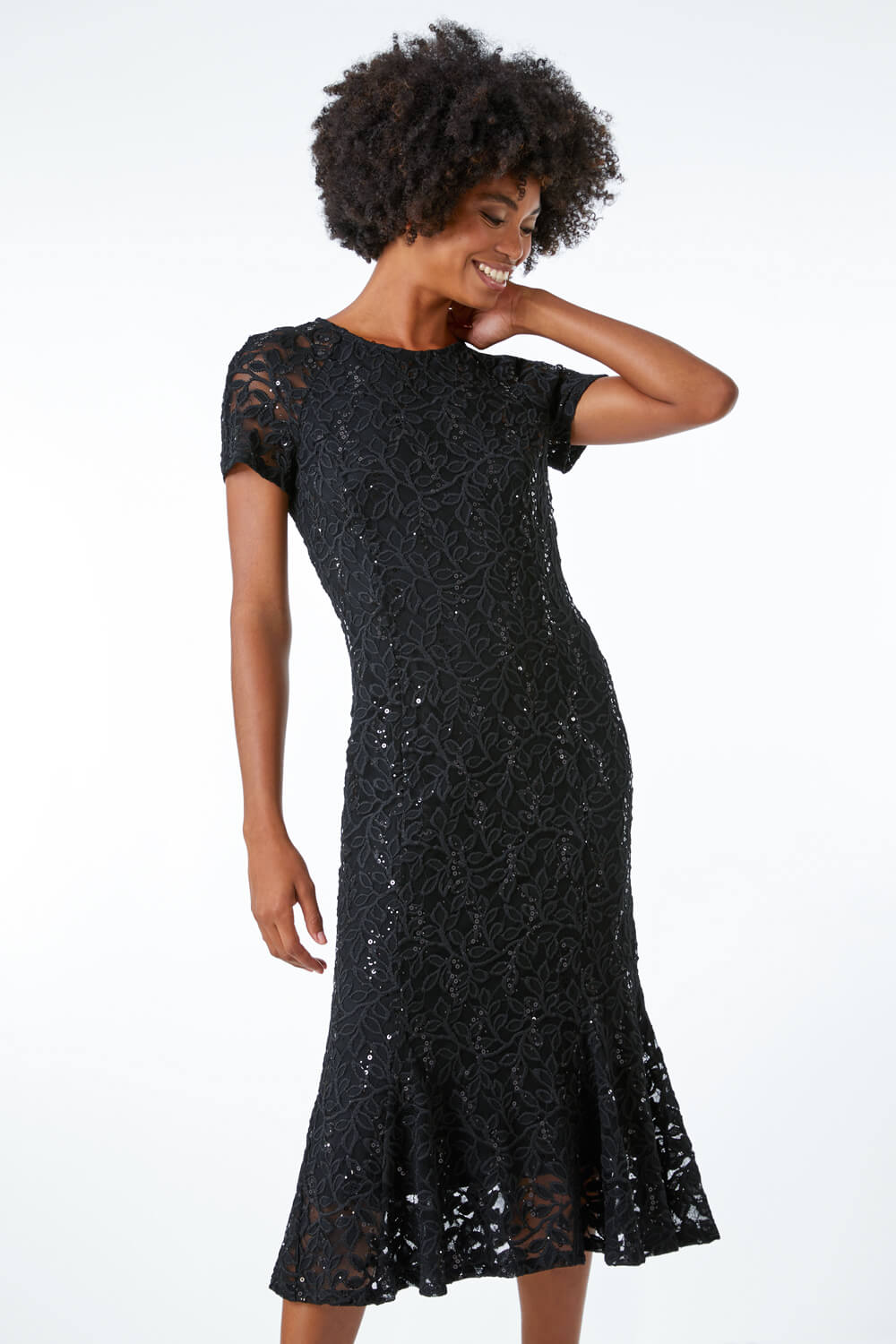 Black Leaf Lace Sequin Midi Dress