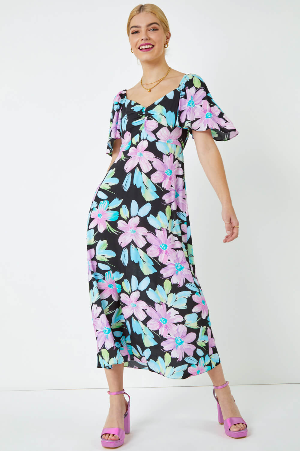 Black Floral Print Ruched Midi Dress