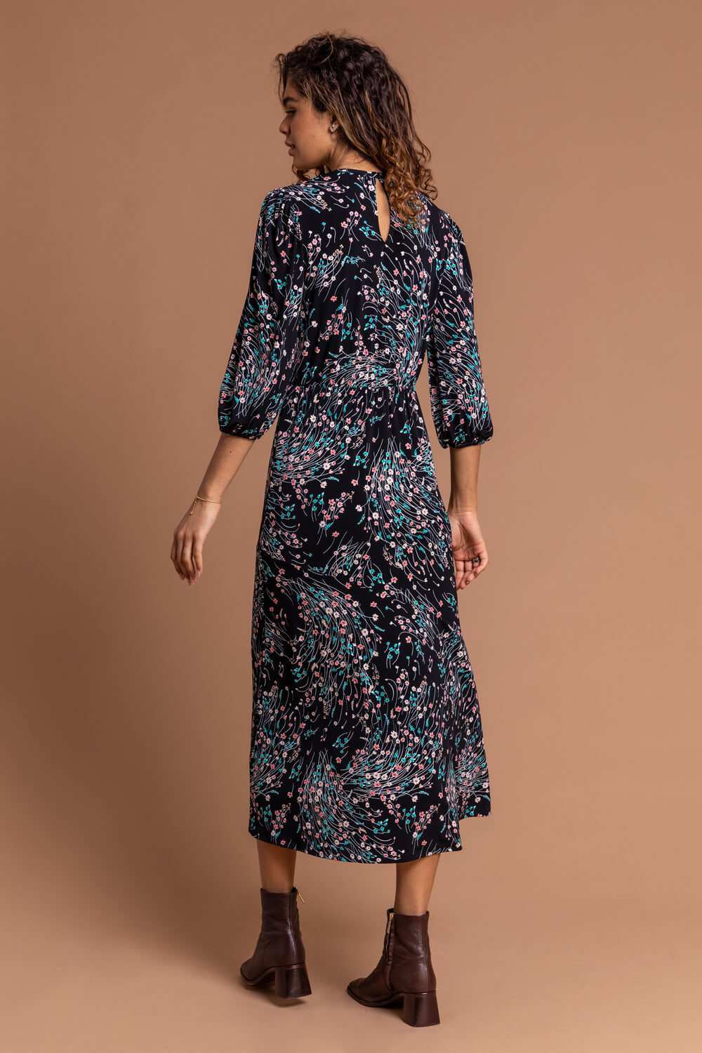 Black Floral Keyhole Detail Fit & Flare Dress