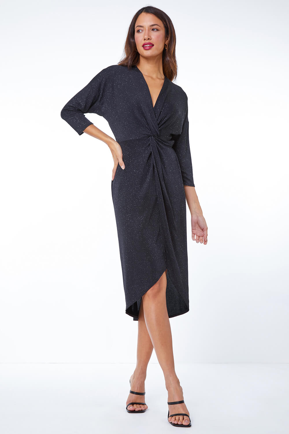 Black Glitter Stretch Twist Front Ruched Wrap Dress