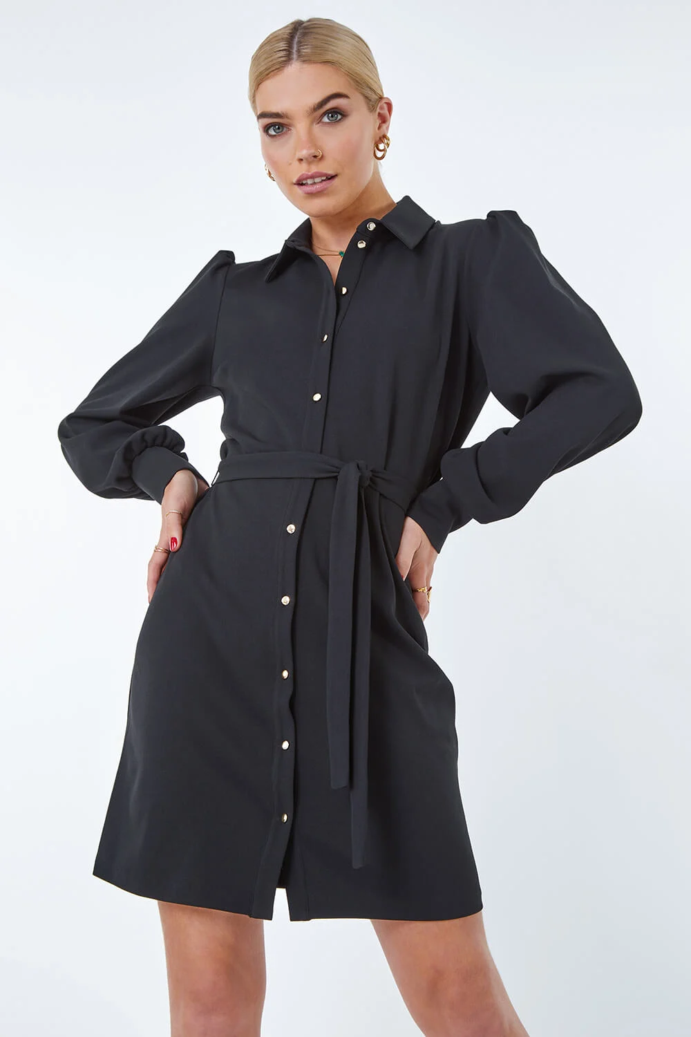 Black Button Through Belted Shirt Dress