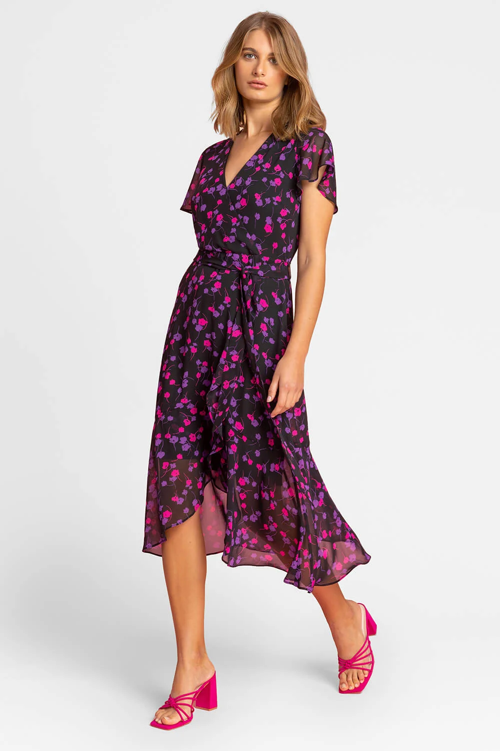 Black Floral Frill Detail Wrap Dress