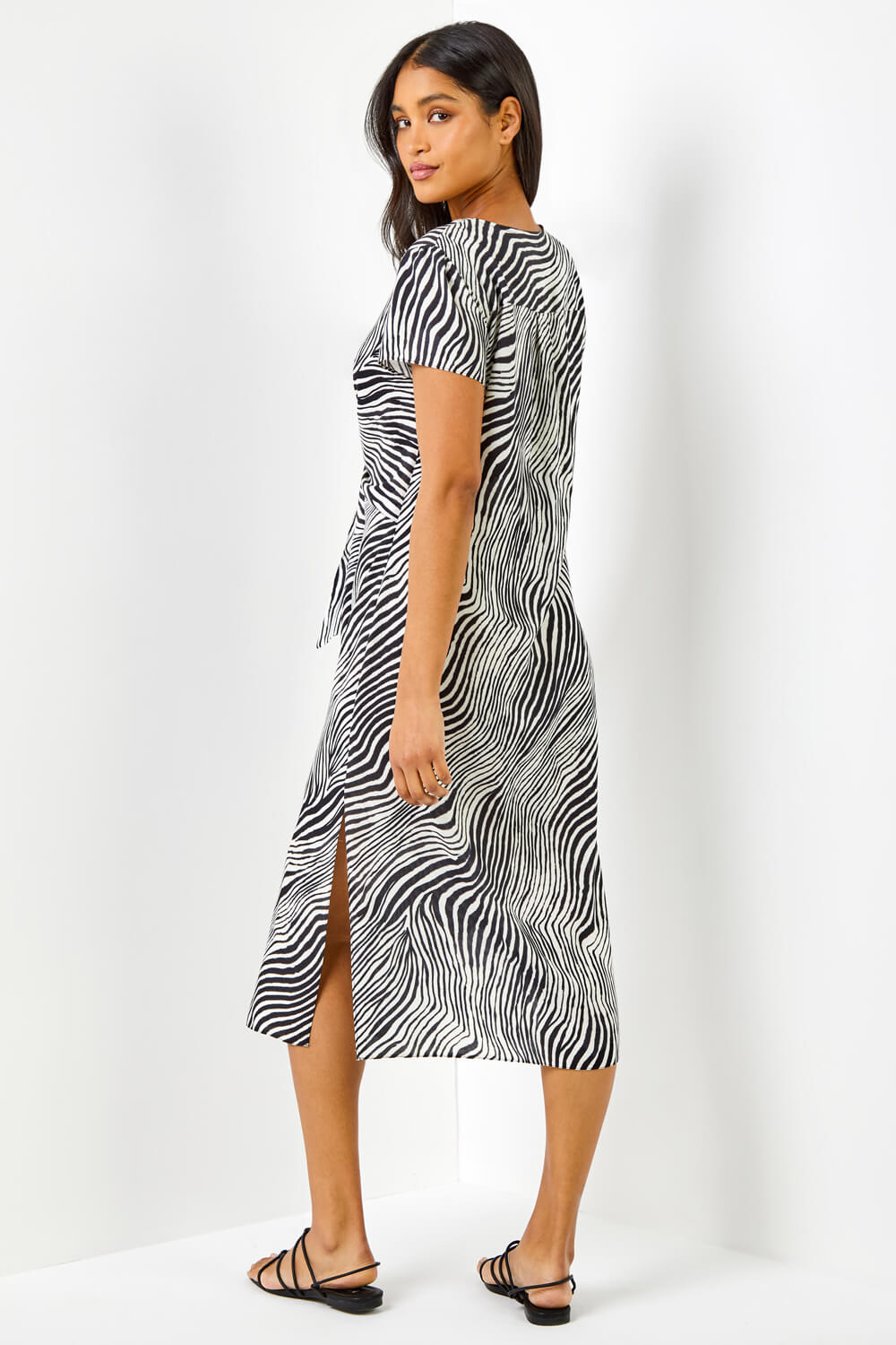 Black Abstract Wave Print Tie Knot Detail Dress