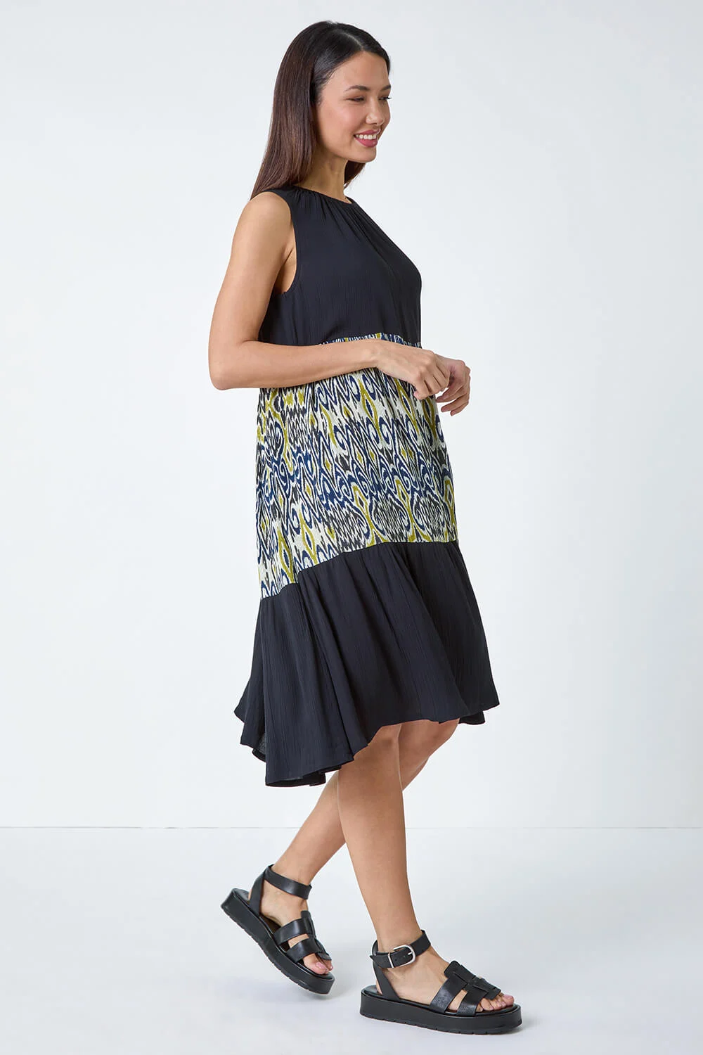 Black Aztec Panel Midi Smock Dress